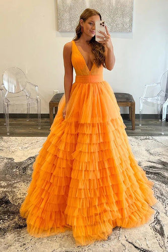 Orange Deep V-Neck Tiered Formal Dress