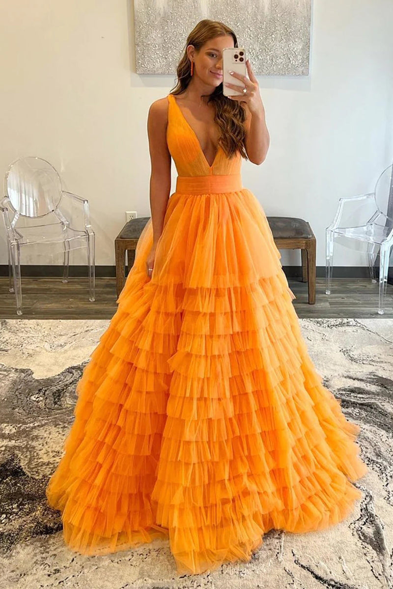 Load image into Gallery viewer, Orange Deep V-Neck Tiered Formal Dress