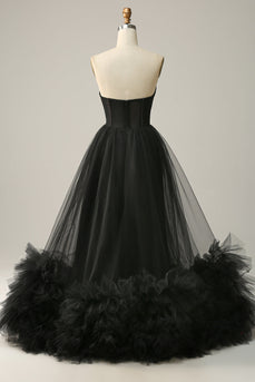 Black Corset Sweetheart Long Formal Dress with Ruffles