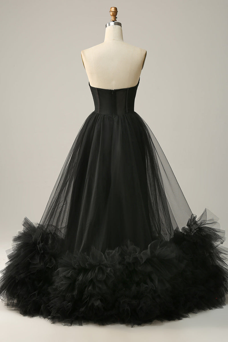 Load image into Gallery viewer, Black Corset Sweetheart Long Formal Dress with Ruffles