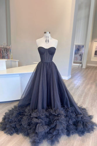 Black Corset Sweetheart Long Formal Dress with Ruffles