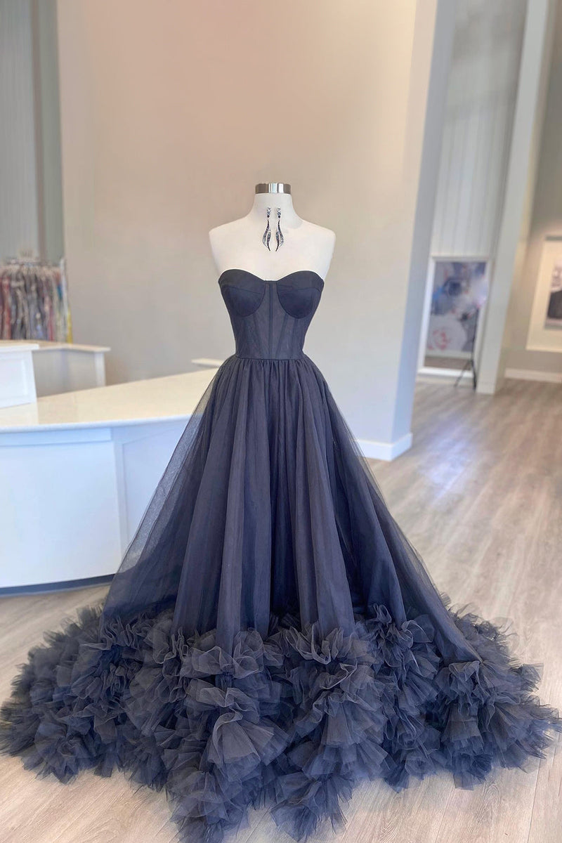 Load image into Gallery viewer, Black Corset Sweetheart Long Formal Dress with Ruffles
