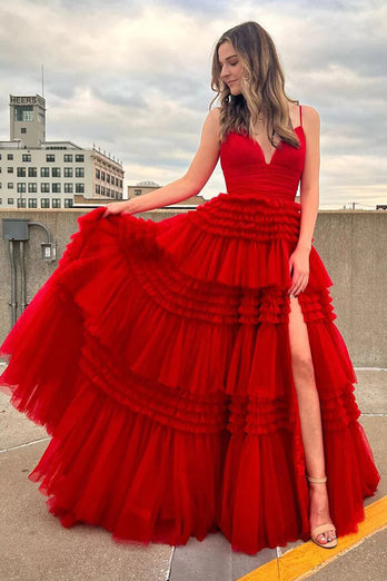 Beige Tulle Tiered Spaghetti Straps Long Formal Dress with Slit