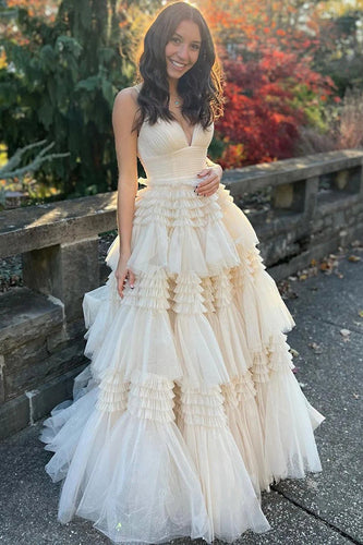 Beige Tulle Tiered Spaghetti Straps Long Formal Dress with Slit