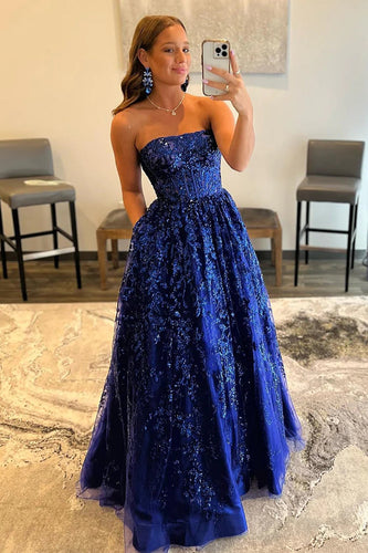 Sparkly Royal Blue Long Formal Dress with Pockets