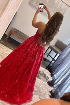 Sparkly Red Long Formal Dress with Pockets