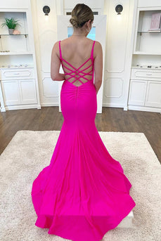 Fuchsia Spaghetti Straps Mermaid Long Formal Dress With Criss Cross Back