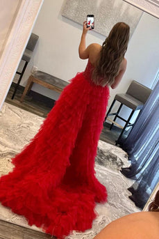 Red Beaded A-Line Tiered High Low Formal Dress