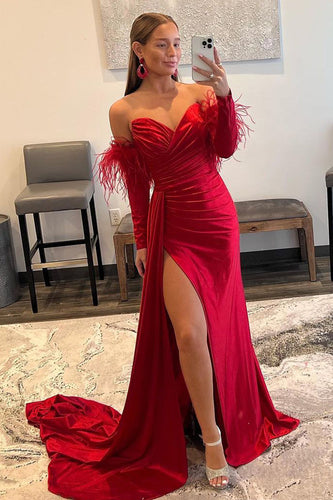 Red Detachable Long Sleeves Long Formal Dress with Feathers