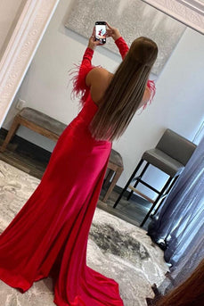 Red Detachable Long Sleeves Long Formal Dress with Feathers