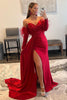 Load image into Gallery viewer, Red Detachable Long Sleeves Long Formal Dress with Feathers