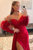 Load image into Gallery viewer, Red Detachable Long Sleeves Long Formal Dress with Feathers