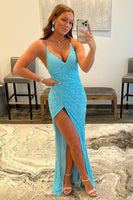 Load image into Gallery viewer, Sparkly Sky Blue Sequins Lace-Up Long Formal Dress with Slit
