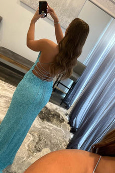 Sparkly Sky Blue Sequins Lace-Up Long Formal Dress with Slit