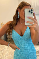 Load image into Gallery viewer, Sparkly Sky Blue Sequins Lace-Up Long Formal Dress with Slit
