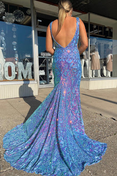Blue Sequins V-Neck Mermaid Formal Dress