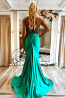 Load image into Gallery viewer, Mermaid Spaghetti Straps Green Long Formal Dress with Criss Cross Back