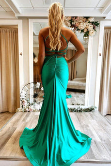 Mermaid Spaghetti Straps Green Long Formal Dress with Criss Cross Back