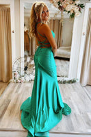 Load image into Gallery viewer, Mermaid Spaghetti Straps Green Long Formal Dress with Criss Cross Back