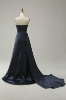 Load image into Gallery viewer, A Line Sweethaert Navy Blue Long Formal Dress with Split Front