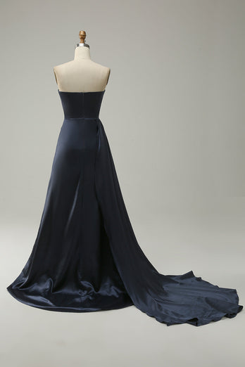 A Line Sweethaert Navy Blue Long Formal Dress with Split Front