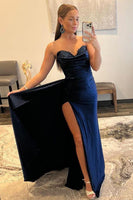 Load image into Gallery viewer, A Line Sweethaert Navy Blue Long Formal Dress with Split Front