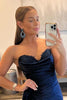 Load image into Gallery viewer, A Line Sweethaert Navy Blue Long Formal Dress with Split Front