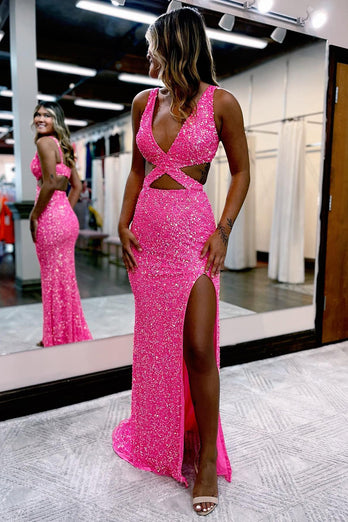 Hot Pink Sequins Hollow-Out Mermaid Formal Dress