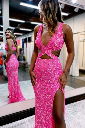 Hot Pink Sequins Hollow-Out Mermaid Formal Dress