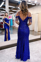 Load image into Gallery viewer, Royal Blue Off the Shoulder Sequins Sheath Formal Dress with Fringes
