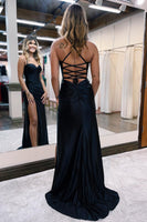 Load image into Gallery viewer, Spaghetti Straps Satin Black Formal Dress with Slit