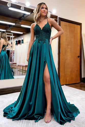 Dark Green Satin A-Line Appliques Formal Dress with Slit