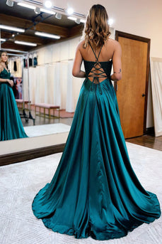 Dark Green Satin A-Line Appliques Formal Dress with Slit