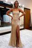 Load image into Gallery viewer, Sequins Spaghetti Straps Sheath Burgundy Formal Dress with Slit