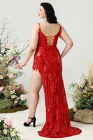 Load image into Gallery viewer, Mermaid Spaghetti Straps Red Sequins Plus Size Formal Dress with Split Front