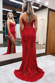 Red Spaghetti Straps Appliques Formal Dress with Slit