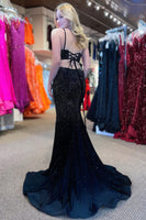 Load image into Gallery viewer, Mermaid Spaghettti Straps Black Sequins Long Formal Dress with Split Front
