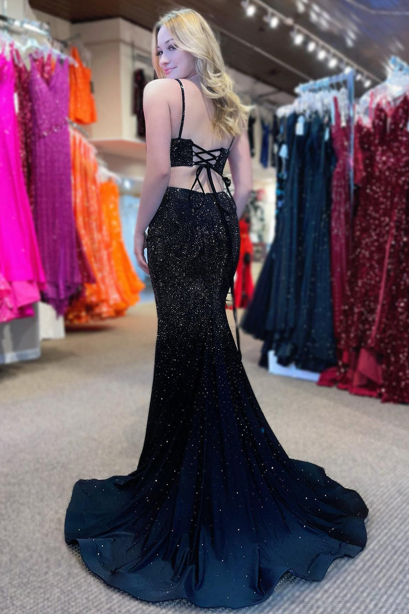 Load image into Gallery viewer, Mermaid Spaghettti Straps Black Sequins Long Formal Dress with Split Front