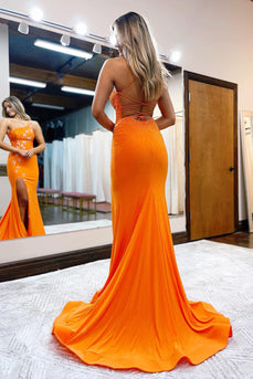 Mermaid One Shoulder Orange Long Formal Dress with Star Appliques