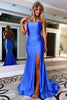 Load image into Gallery viewer, Blue Lace Up Formal Dress With Slit