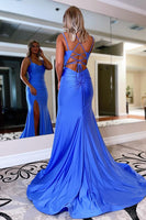 Load image into Gallery viewer, Blue Lace Up Formal Dress With Slit