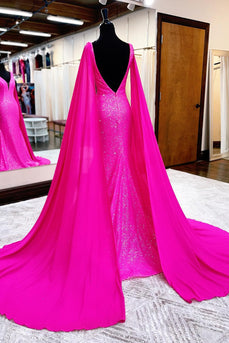 Hot Pink Mermaid Formal Dress With Wateau Train