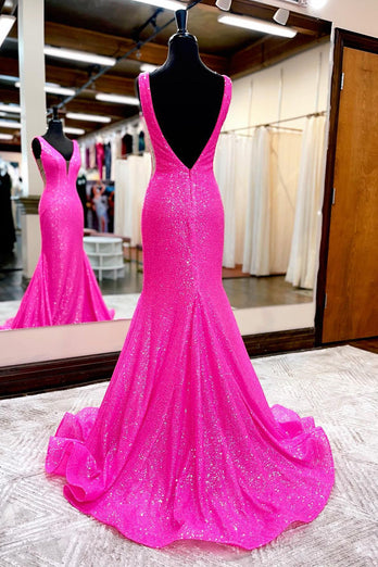 Hot Pink Mermaid Formal Dress With Wateau Train