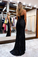 Load image into Gallery viewer, Black Sequined Spaghetti Straps Formal Dress