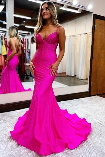 Hot Pink Sequined Spaghetti Straps Formal Dress