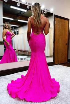 Hot Pink Sequined Spaghetti Straps Formal Dress