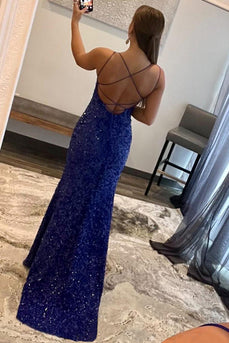 Sheath Spaghetti Straps Royal Blue Sequins Long Formal Dress with Split Front