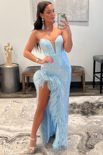 Sheath Sweetheart Light Blue Sequins Long Formal Dress with Feather
