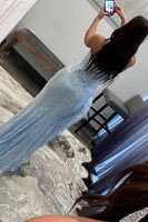 Load image into Gallery viewer, Sheath Sweetheart Light Blue Sequins Long Formal Dress with Feather