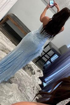 Sheath Sweetheart Light Blue Sequins Long Formal Dress with Feather